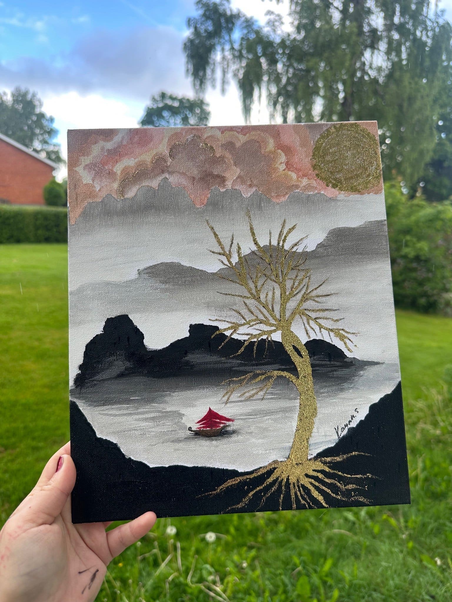 Handmålad tavla – Japanskt landskap med gulddetaljer | 25x30cm