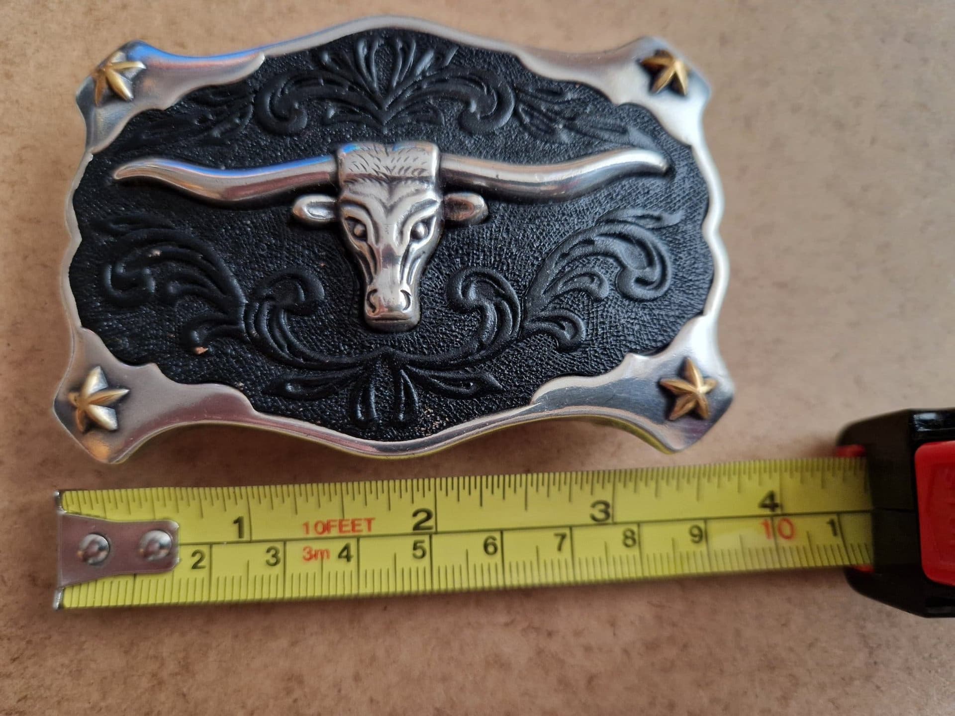 Western Bältesspänne Longhorn Tjur Cowboy Silver Guldstjärnor