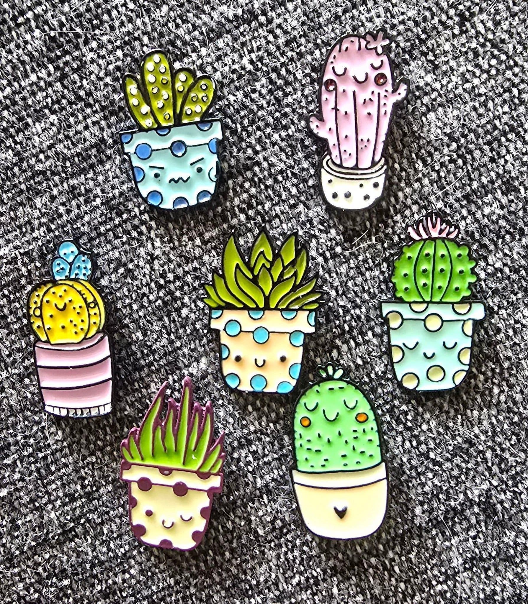 7 cactus pins i kawaii-stil