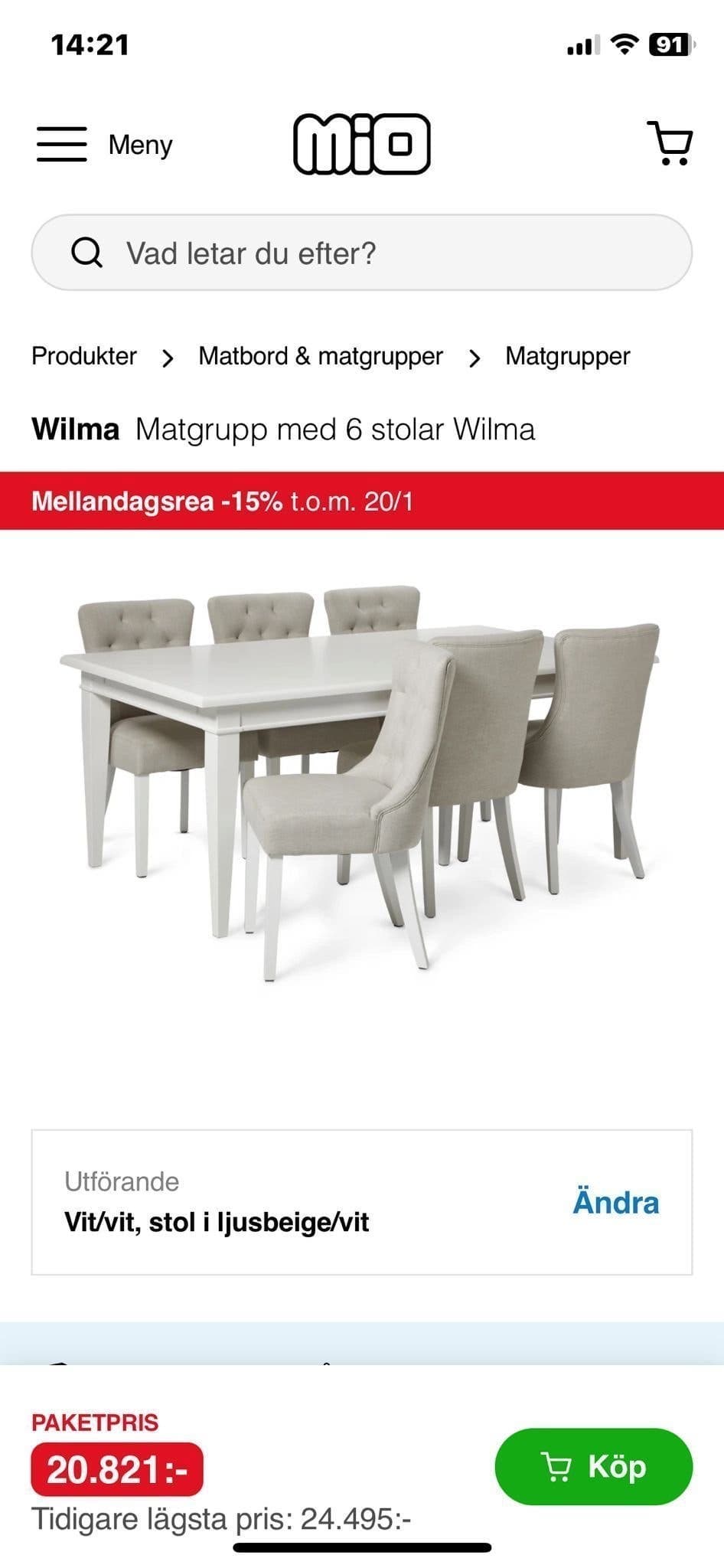 Matgrupp Wilma från Mio med 6 stolar