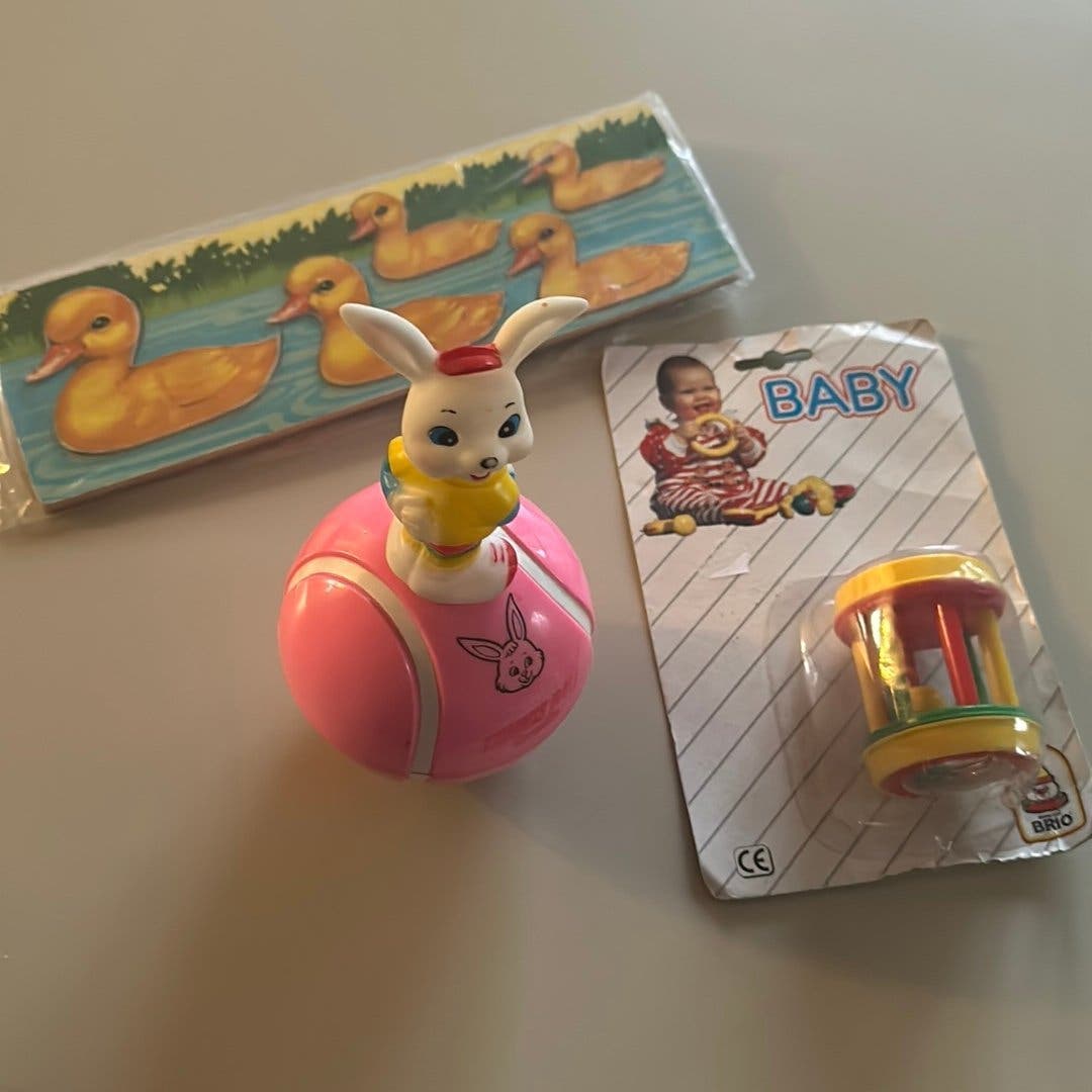 Vintage Brio Baby skallran kanin boll pussel ankor på rad leksaker retro bebis