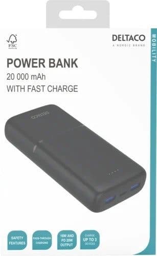 DELTACO Power Bank 20 000 mAh med snabbladdning 20 W