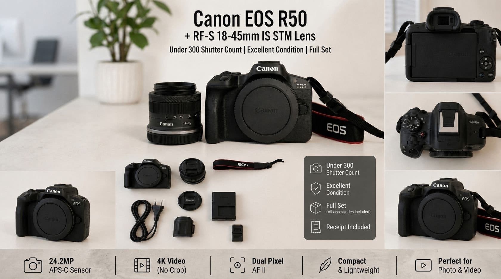 Canon EOS R50 + RF-S 18-45mm IS STM – Som ny med massor av tillbehör!