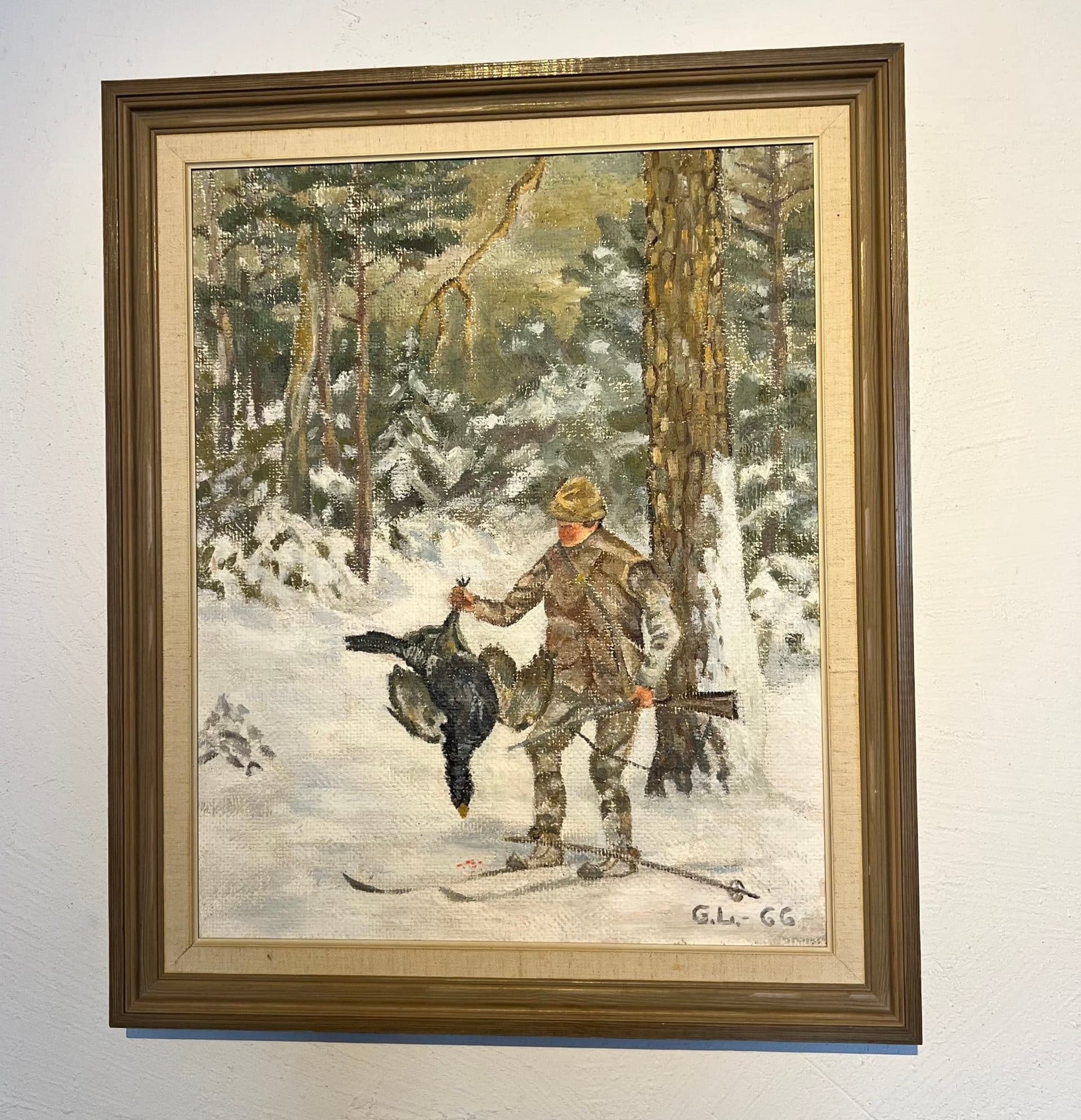 Tavla oljemålning jägare i snölandskap