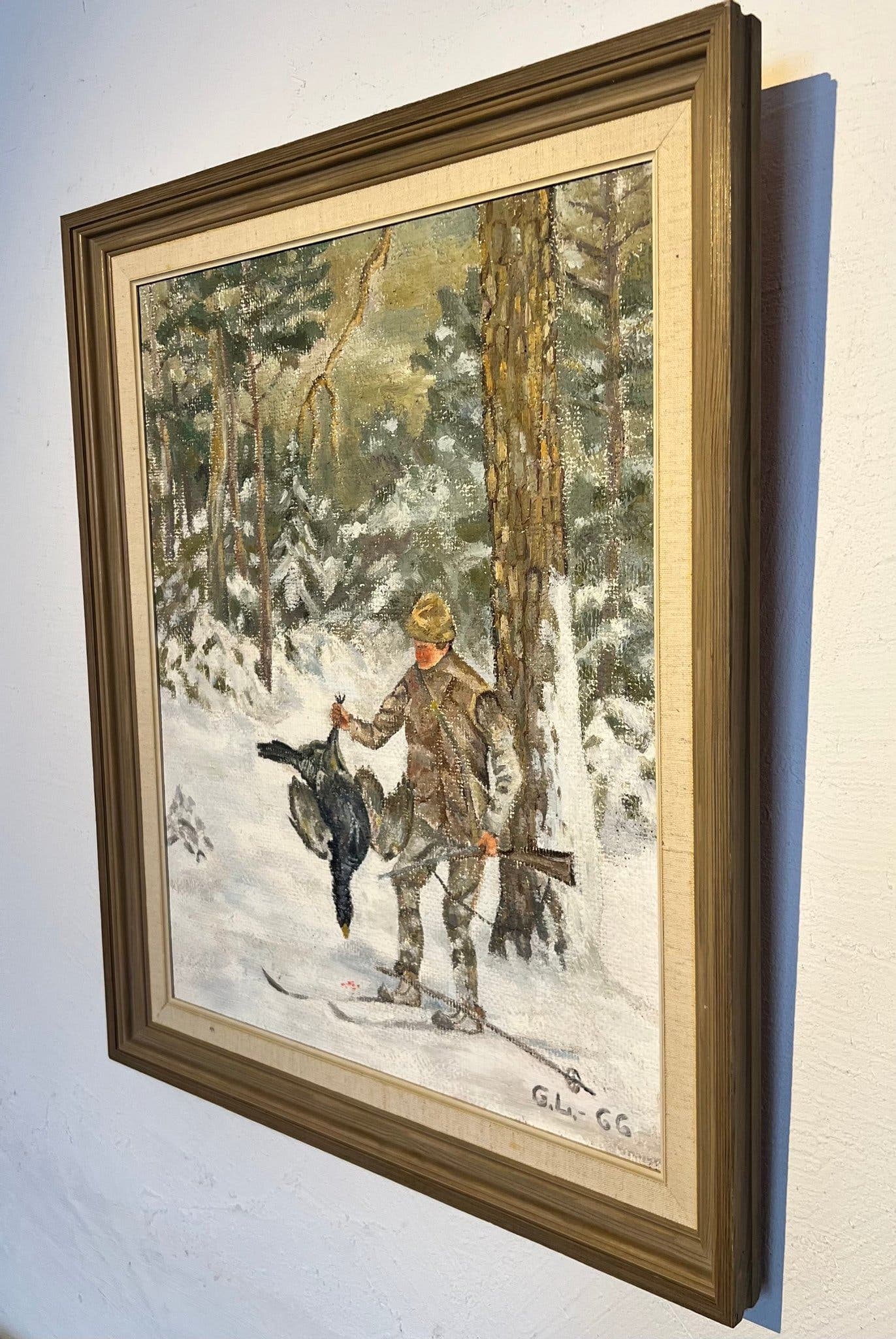 Tavla oljemålning jägare i snölandskap