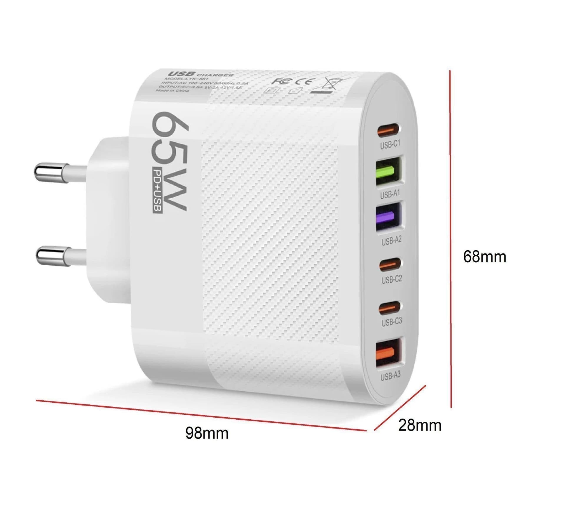 Laddare 6 Portar, 3xUSB-A QC + 3xPD USB Typ C, 65W, Bärbar, EU-kontakt, Vit
