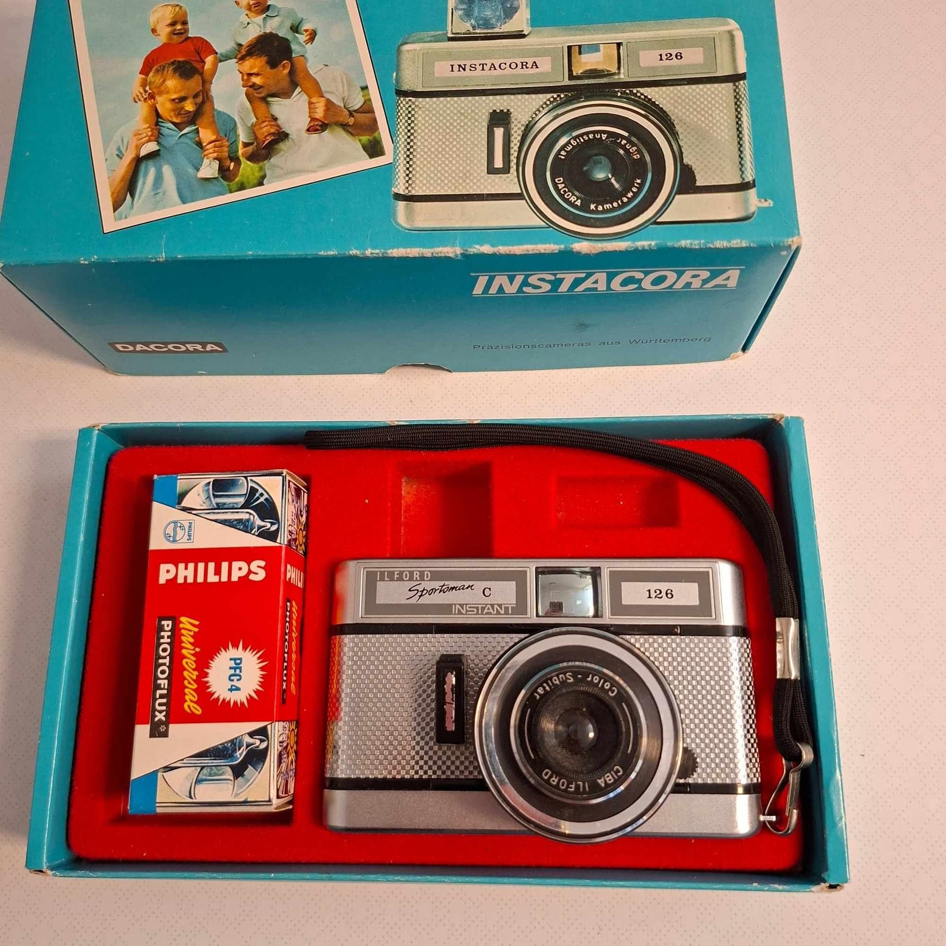 Ilford Sportsman C Instant kamera 1967 Dacora 126 originalkartong + blixt