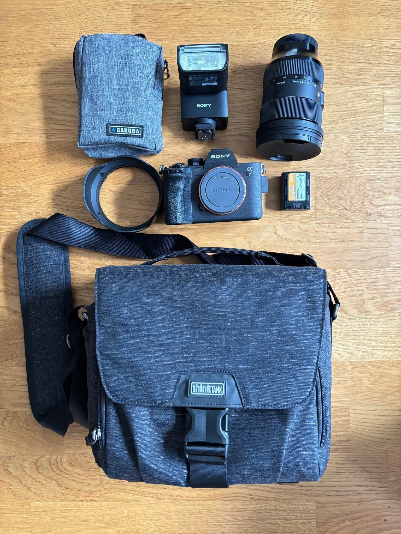 Kamerautrustning med Sony A7 IV, objektiv och blixt