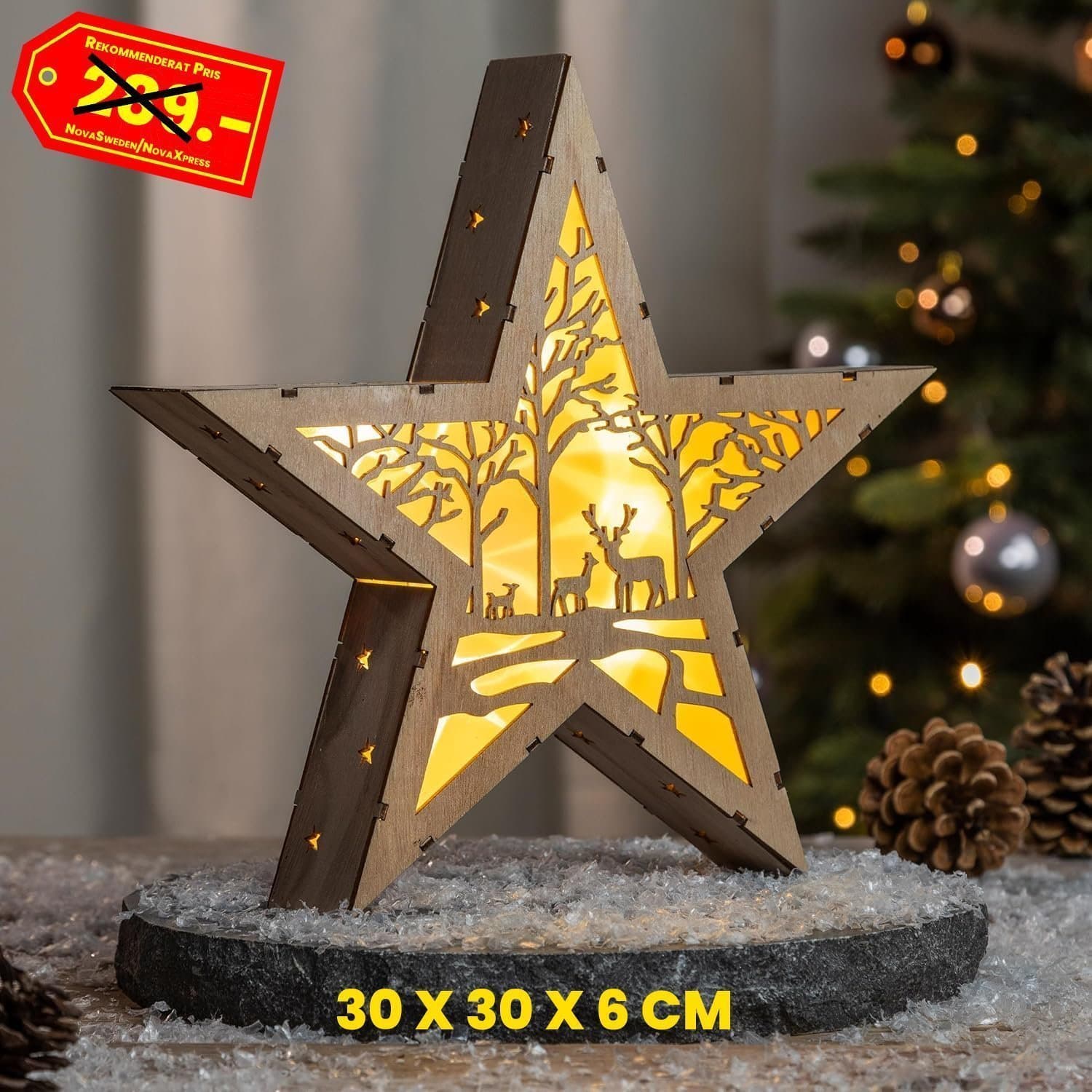 NY Vacker LED-julstjärna av trä • 30 x 30 x 6 cm • Motiv: skog • Varmvit • ÅB