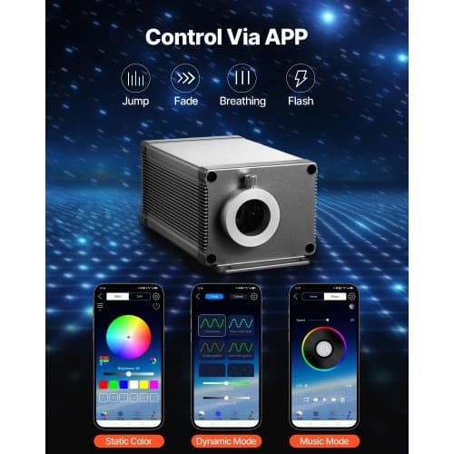 Stjärnhimmel med fiberoptik – 550 ljuspunkter, RGBW-effekt med musikstyrning