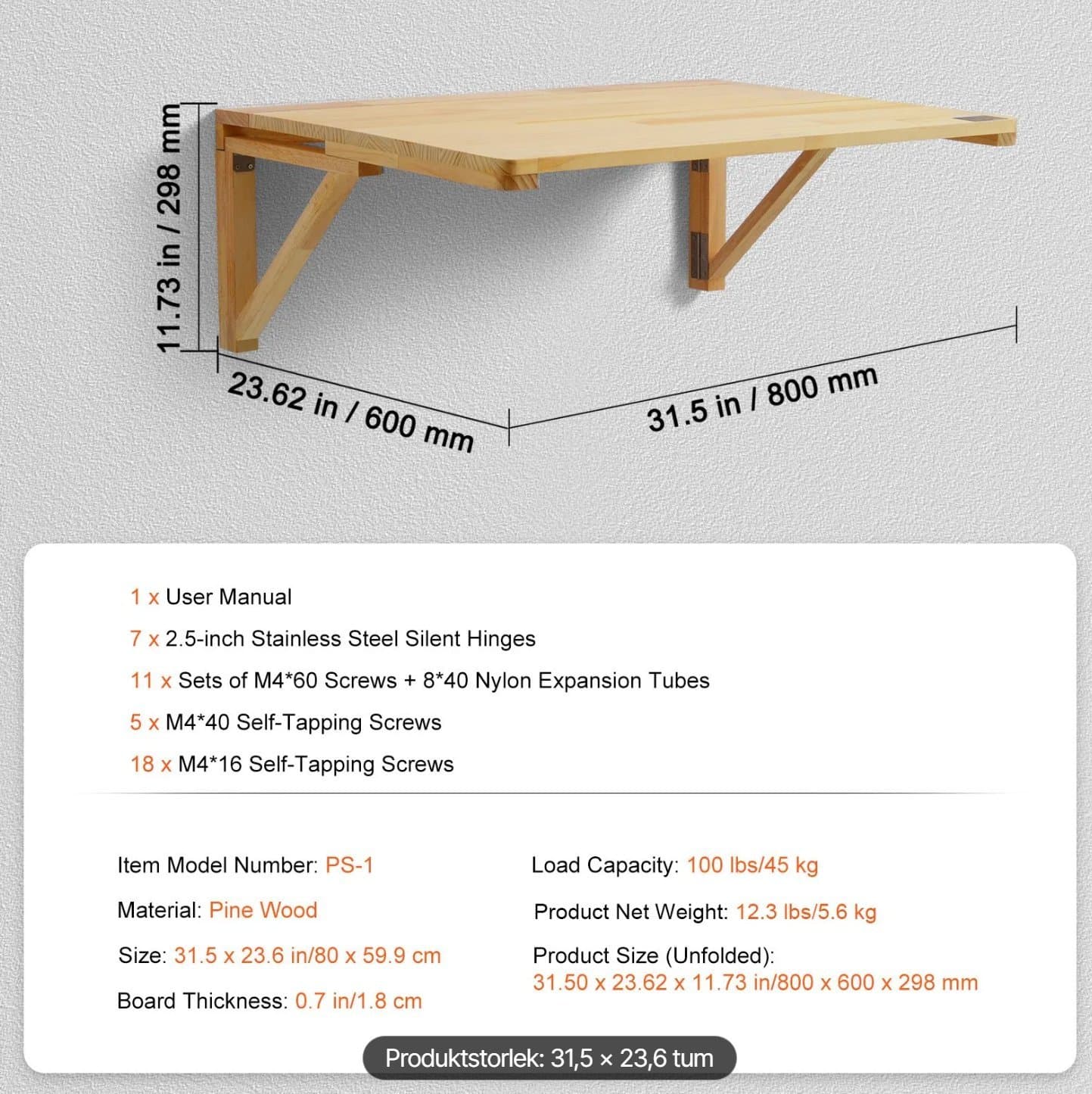 Väggmonterat fällbart skrivbord – 80 x 60 cm, för laptop och hemmakontor