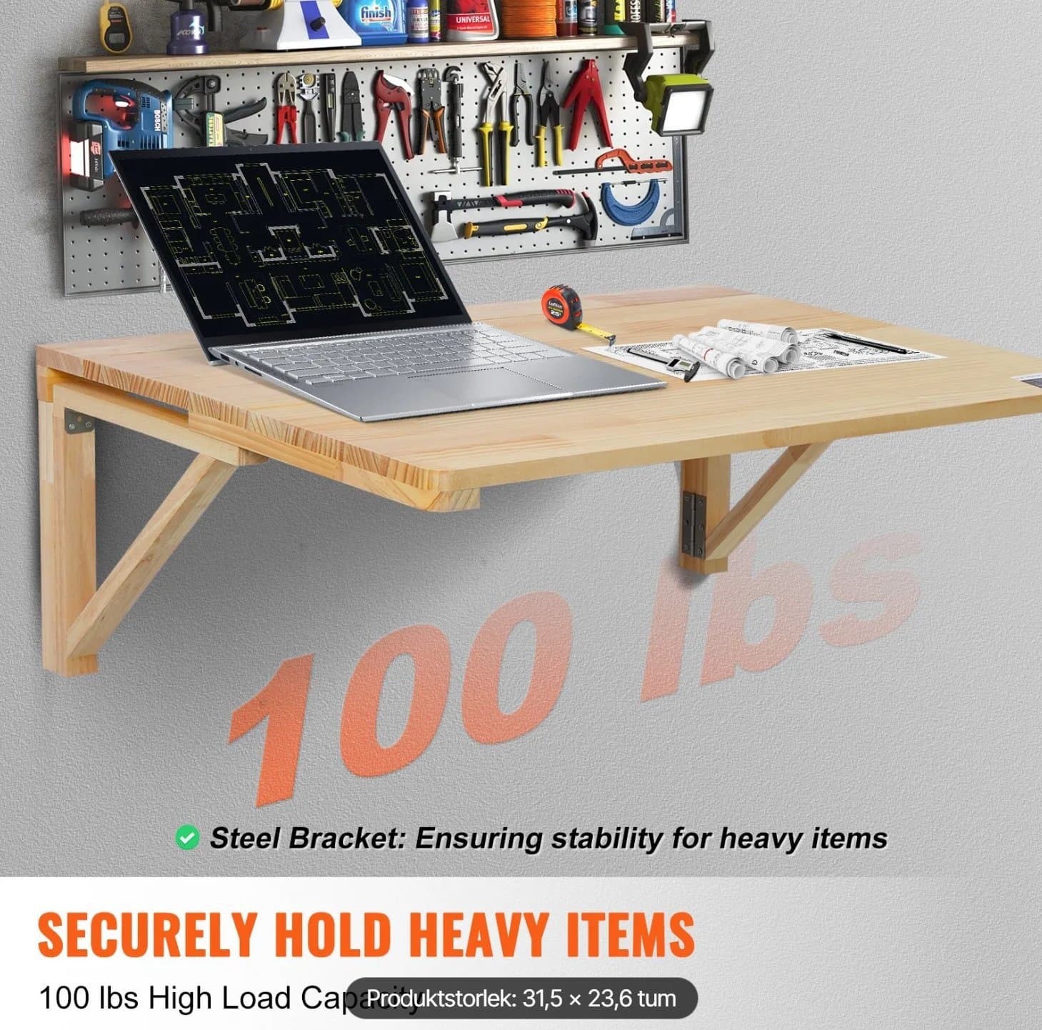 Väggmonterat fällbart skrivbord – 80 x 60 cm, för laptop och hemmakontor