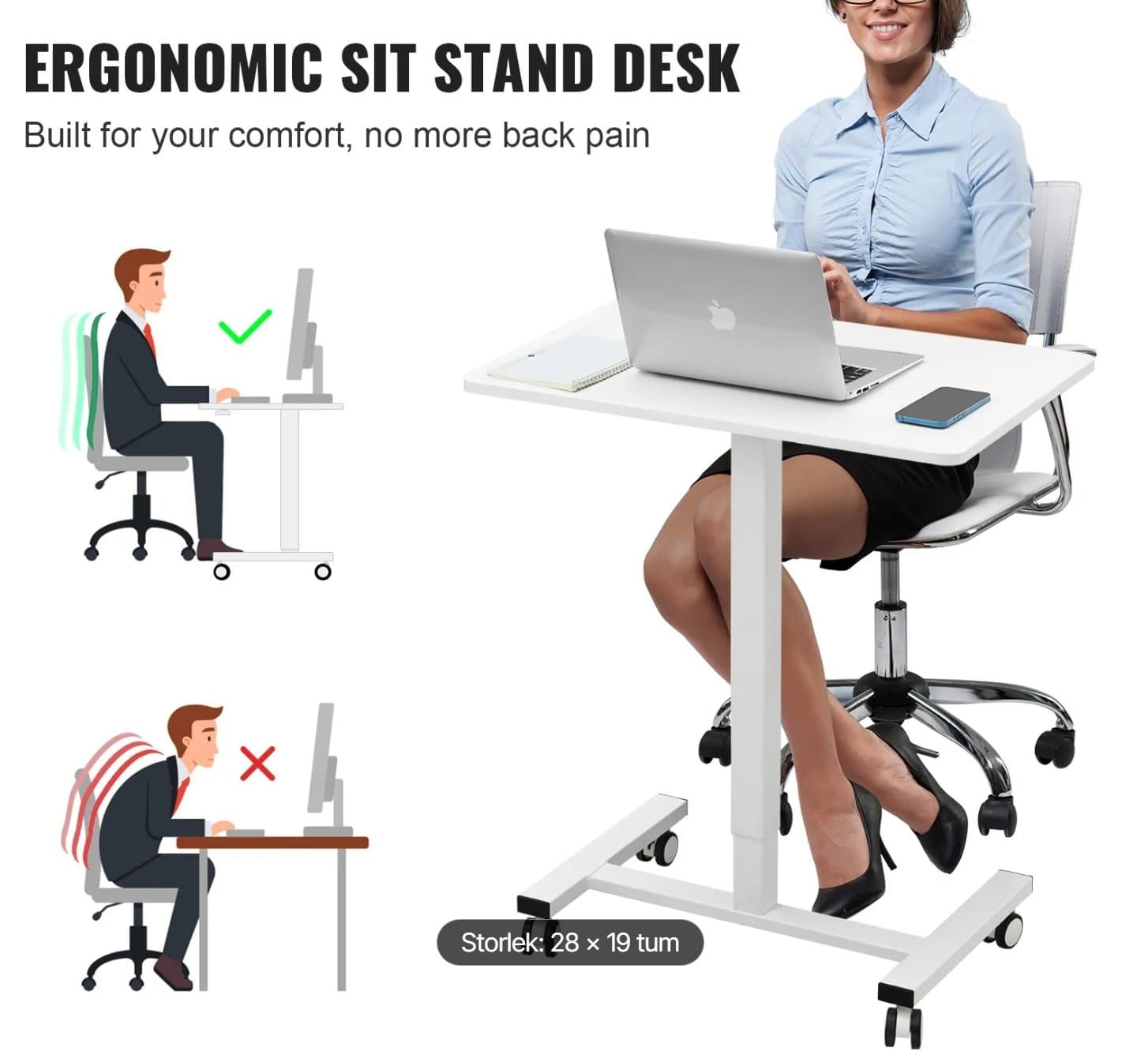 Höj- och sänkbart skrivbord med hjul, justerbar höjd 71–112 cm