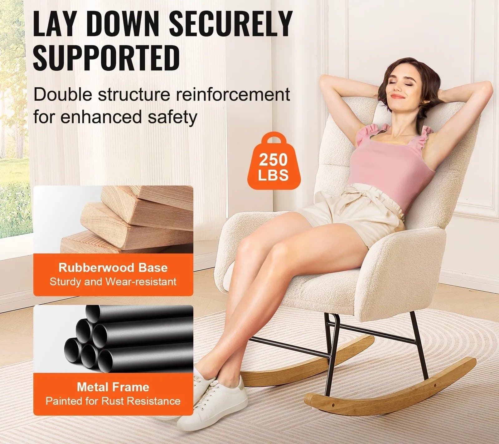 Gungstol med hög rygg och mjuk sits i teddytyg för barnrum och vardagsrum