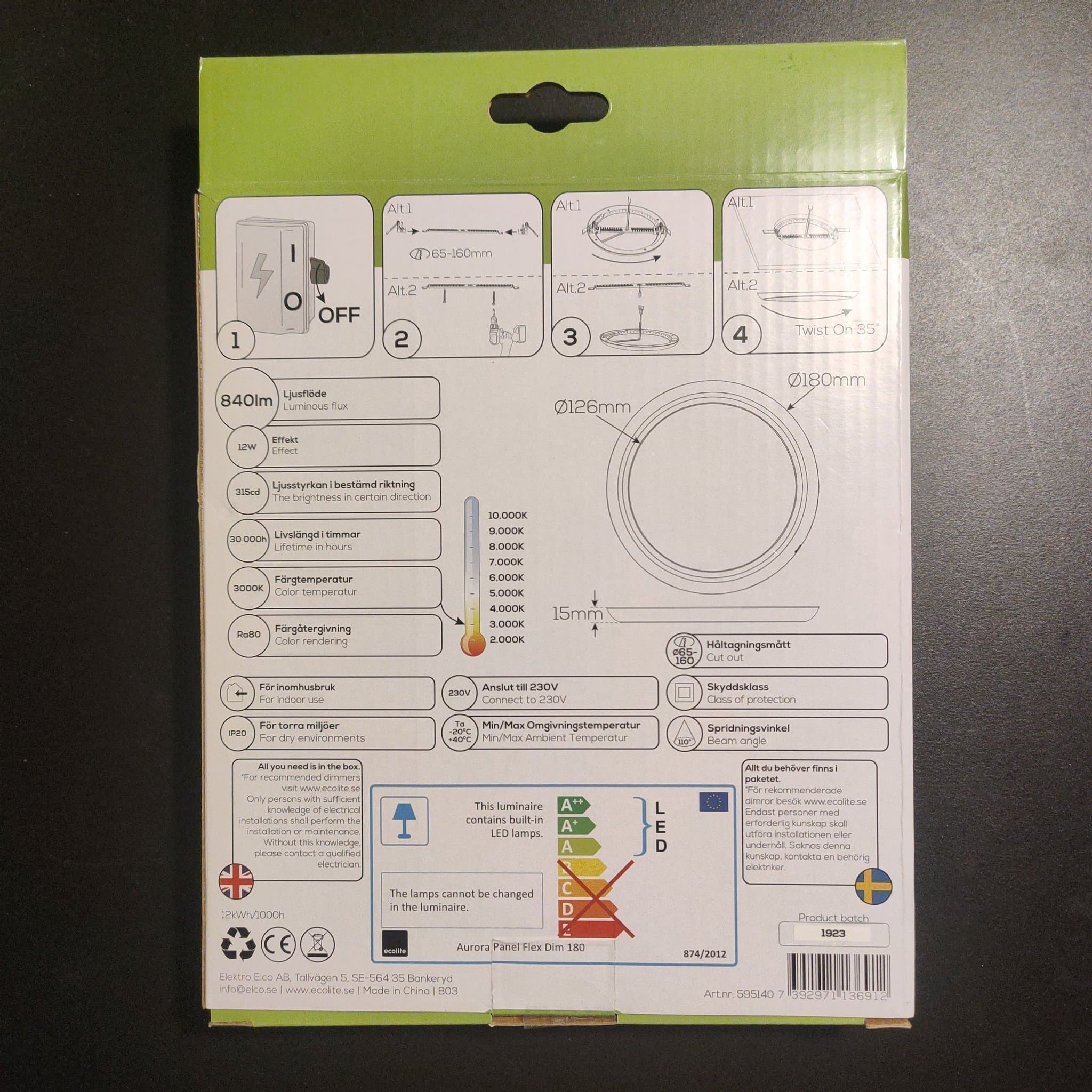 Ny oanvänd Ecolite Aurora 12W LED 18 cm rund plafond taklampa, dimmbar, 230V